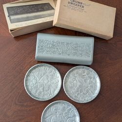 Hollywood Products Crumb Sweeper + Everlast Metal 3 Hand Forged Aluminum Coasters~Mid Century USA