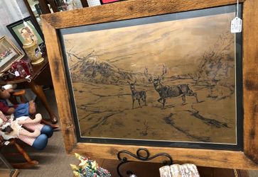 Copper Etched Deer in Meadow Framed 18x24 picture