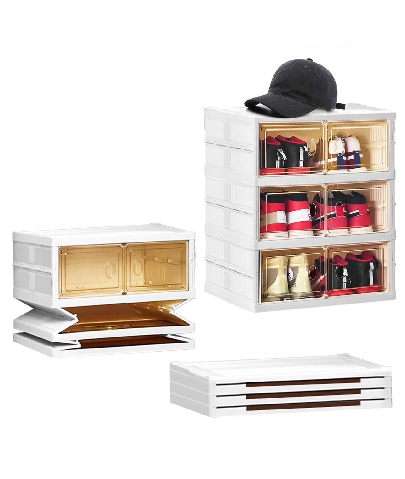 Foldable Shoe Rack Organizer for Closet Entryway 3-Tier 6 Pairs Transparent Plastic Shoe Shelf Collapsible Storage Box Cabinet with Clear Magnetic Lid