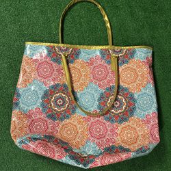 Large, multi-coloured, gold-trimmed tote bag 