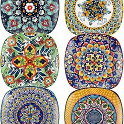 HENXFEN LEAD Appetizer Plate Set of 6, 7.3 Inch Ceramic Dessert Plate, Square Salad Plate, Colorful Small Plate, Suitable for Kitchen, Snacks, Cakes, 
