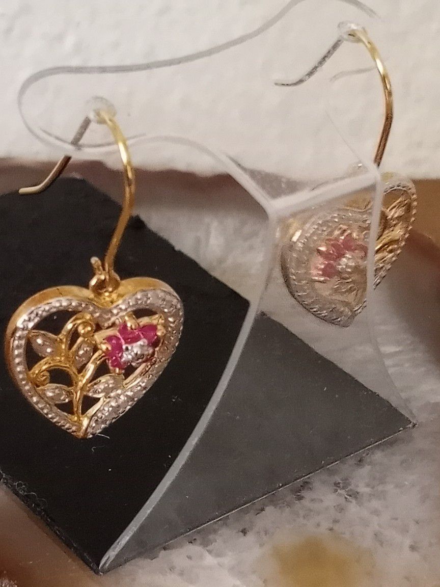 Sterling Silver Vermeil Pink Topaz Diamond Heart Dangle Earrings 