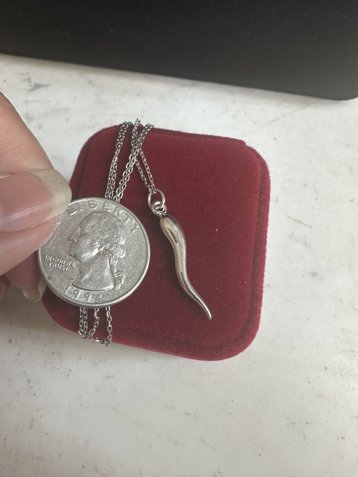 925 Sterling Silver , Italian Horn Necklace, Marked Sterling, 18in. 925 Chain