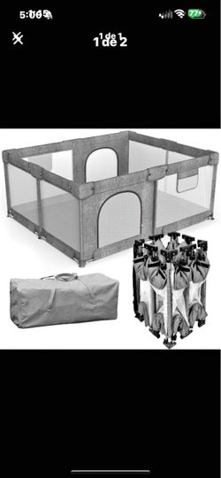 Portable baby playpen is made of gray fabric and mesh panels. It has a foldable metal frame for easy storage and transport. The set includes a matchin
