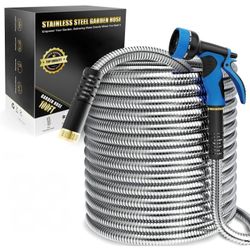 Garden Hose 100ft, Metal Garden Hose, Flexible Water Hose with 10-Function Nozzle, Stainless Steel Heavy Duty Hose,
