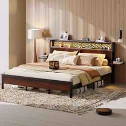 Full Size Bed Frame with Headboard and Foldable Bedside Shelves Storage, LED Platform Bed Frame with Charging Station, Non-Slip Metal Bed Frame, Noise