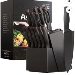 Kitchen Knife Set, 14 Pcs Knives Block Set with Built-in Sharpener, Healthy Anti-Rust Coating & German Stainless Steel Knife Set, Dishwasher Safe Blac