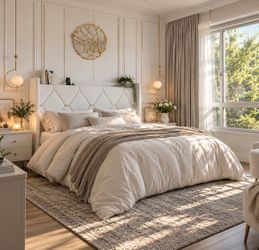 Queen Size Bed White Upholstered Bed Frame with Diamond Headboard and charging station