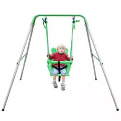 Toddler Baby Swing Set Indoor Outdoor Folding Metal Swing Frame with Safety Harness and Handrails for Backyard F-20