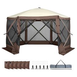 BRAND NEW - Camping Gazebo Screen Tent, 12x12ft, Brown/Beige 6 Sided Pop-up Canopy