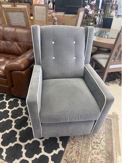 Mikayla Swivel Gliding Recliner in gray microfiber with white piped trim - excellent condition