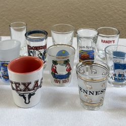 Lots Of SOUVENIR SHOT GLASSES (15)  NEVER USED!!! VINTAGE!!!  LIKE NEW CONDITION!!!