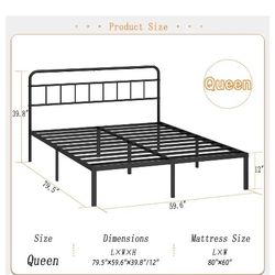 New 12 inches Queen Size Bed Frame with Minimalist headboard,Metal Platform