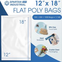 Spartan Industrial 12" X 18" Open-End Flat Poly Bags (1000 Count) - 1.1 Mil Clear Plastic Bags