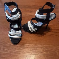 JOEY O BLACK AND WHITE STRAP HEELS