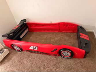 Race car twin size bed frame with box spring and mattress