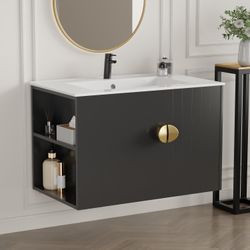  30-inch wall-mounted bathroom vanity, without sink, left-side shelf, black  Please note that it does not include a ceramic sink.  Lacquered