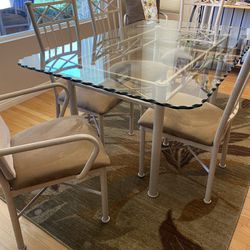 Vintage Half-Inch Beveled Glass And Metal Table With Six Chairs
