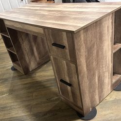 Wooden Desk w/ Storage + Dual Monitor Desk Stand