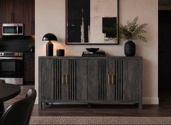 55" Sideboard Buffet Cabinet, Farmhouse Storage Buffet Cabinet With 4 Fence Doors & Gold Handle M-9, gray