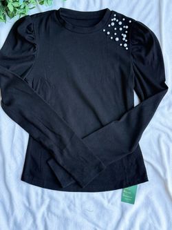 Black Ribbed Pearl Shoulder Puff Sleeve Top Size Small