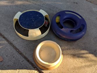 Cat toys and bowl