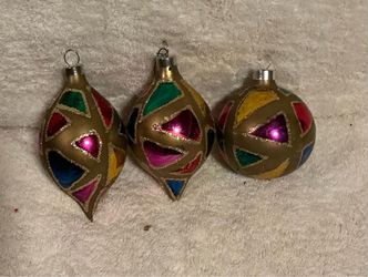 Stained Glass Style Christmas Ornaments - Set of 3 (Bulb & Ball Shapes)
