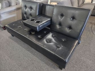 Brand new 79" black faux leather sofa futon with cup holders