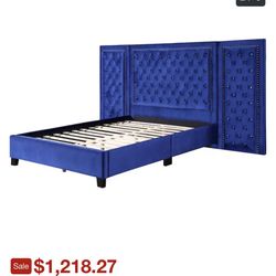 Cleo Queen Bed, Velvet, XL 3 Panel Tall Headboard, Crystal Tufted, Blue