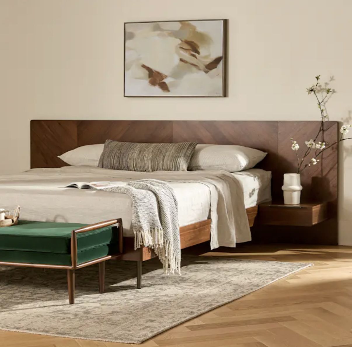 Open Box ,Nera King Low Profile Bed With Nightstands Set - Walnut