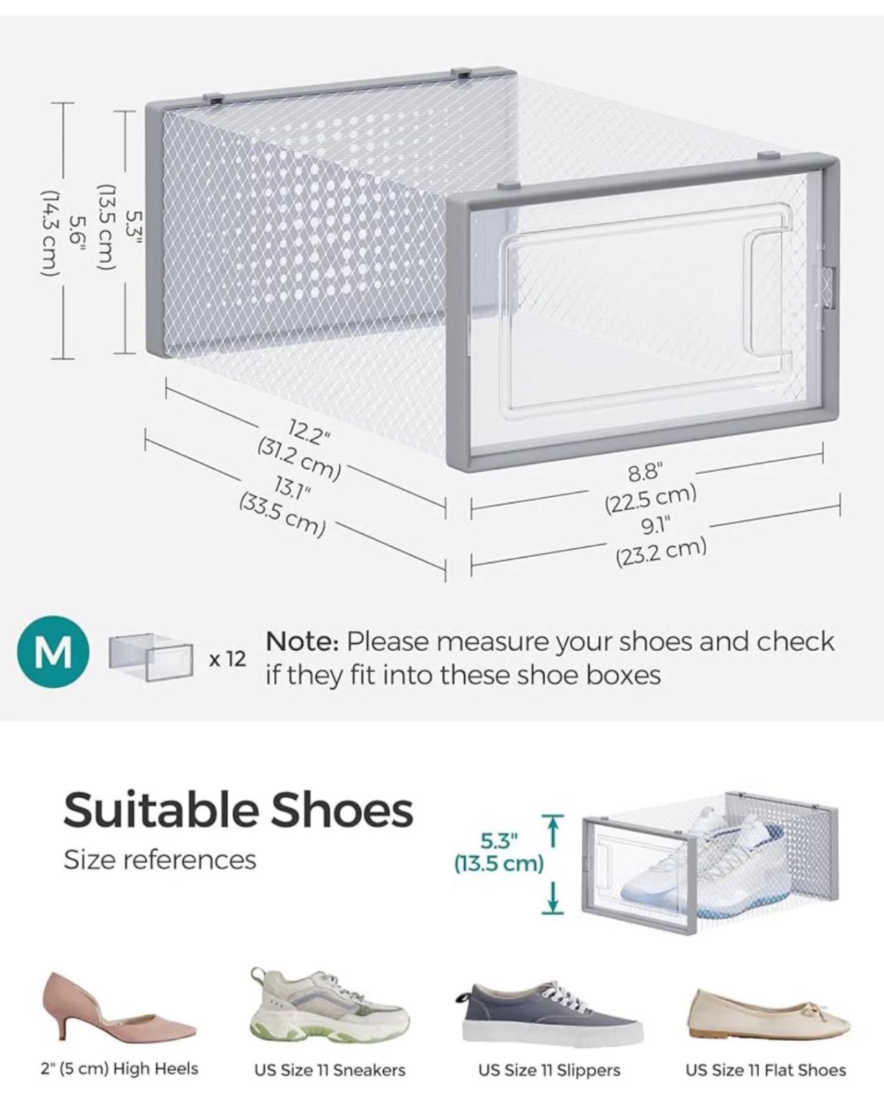 SONGMICS Shoe Boxes Storage Organizers Stackable Clear Plastic Boxes Set of 12 - Gray