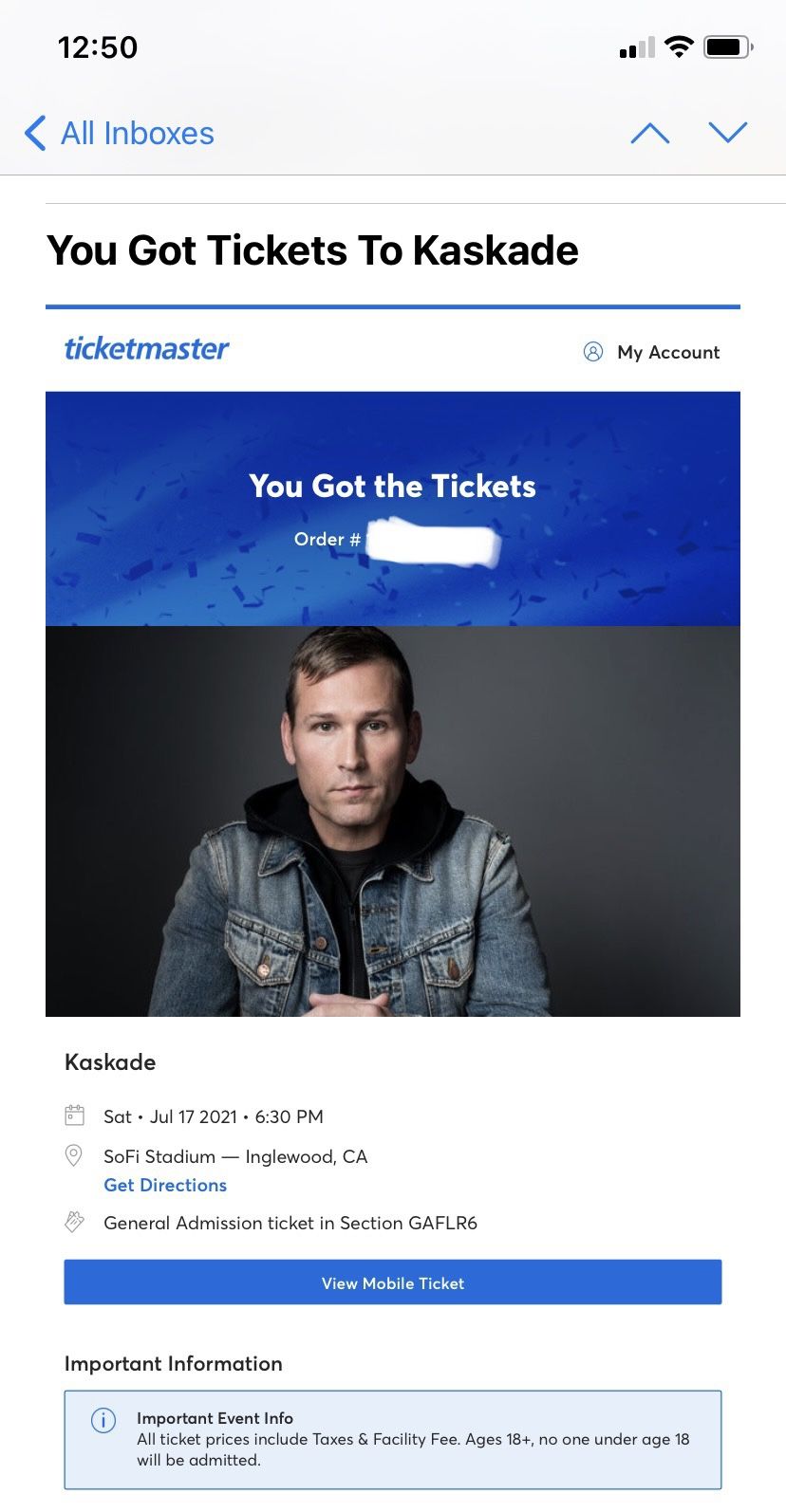 KASKADE GA Floor Ticket (1) at SoFi Stadium, July 17