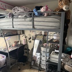 Light Grey Metal Twin Loft Bed With Bookcase And Desk