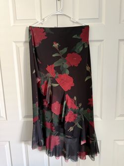 Black Floral Midi Skirt with Ruffle Hem