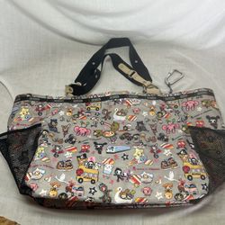 tokidoki for Lesportsac Tote Bag Gray Nylon Multicolor Mesh Pocket Carabiner