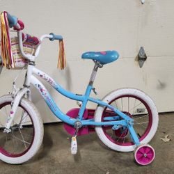Girl's   bicycle 16 inch wheels.  Bell on The handle bar.  Basket on the handle bar.  