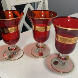 Set Of 3 Murano Red Glass Goblets 24k Gold Trimmed 