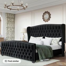 Amerlife Queen Size Platform Bed Frame, Velvet Upholstered Bed with Deep Button Tufted 