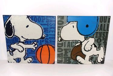 Set of 2 Metal Snoopy Signs / Nursery Baby - Kids Room / Sports Theme - 🏈/🏀
