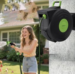 Brand New 66FT Retractable Garden Hose Reel – Auto Rewind, Wall Mounted, 180° Swivel