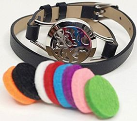 NEW! Essential Oil Diffuser Bracelet Aromatherapy Stainless Steel Locket Diffuser Double Genuine Leather Wrap Wristband with 8 Cotton Refill Pads