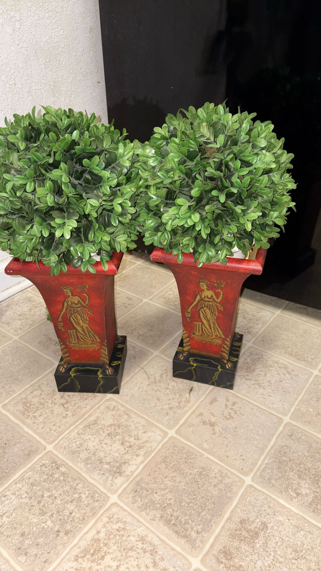 Beautiful 13 Inch Pair Tin Pedestal Planters With Faux Greenery