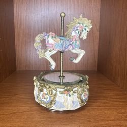 Vintage Collectible Musical Box Porcelain Carousel Spinning Single Horse
