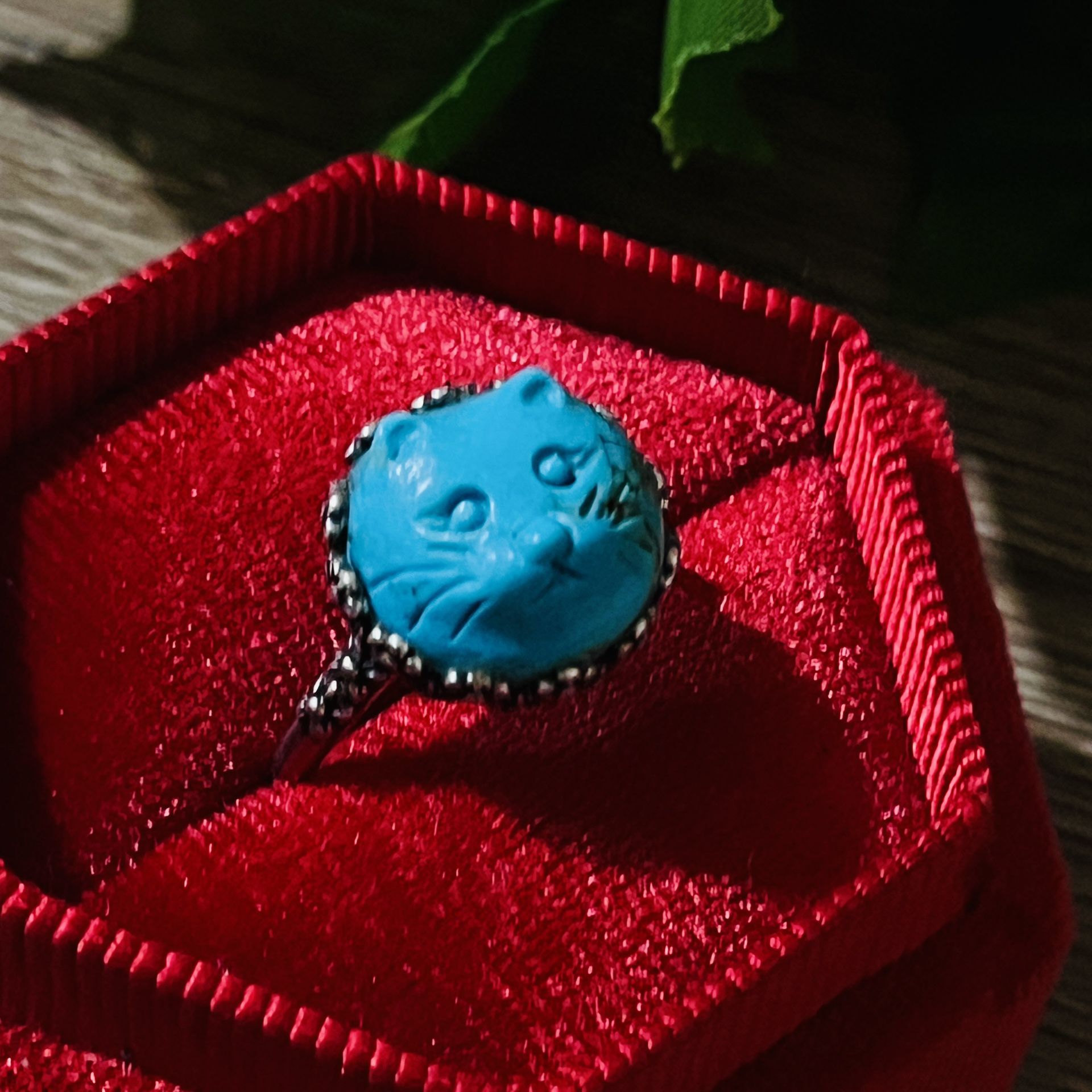 Hand-carved Turquoise Cat Ring 925sterling Silver Ring Size Fixable