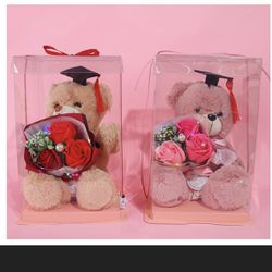 GRADUATION BEAR Gift BOUQUET with Display Case Graduate Hat Teddy Bear Forever Roses Artificial Flower Gift For Daughter Friend Nurse