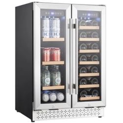 Wine and Beverage Refrigerator, 24 in Dual Zone Wine Cooler, Built-in & Freestanding Fridge with Glass Doors, Adjustable Shelves, Digital Temperature
