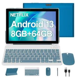 2024 Newest Android 13 Tablet, 10.1 Inch 2 in 1 8GB RAM+64GB ROM Tablet with Keyboard Case Mouse Stylus Screen Flim, 2.0GHz Quad-Core Processor, 8MP D