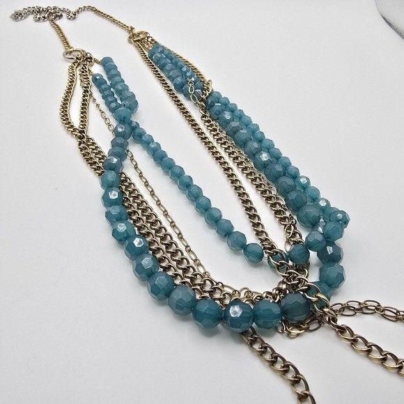 Vtg Multi-Strand Necklace with Blue Faceted Beads and Gold-Tone Chains Jewelry
