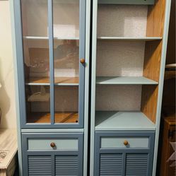 Pair of Blue Wooden Display Cabinets