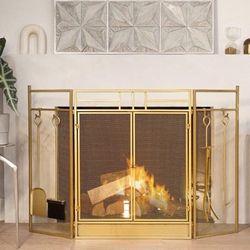 Barton 48" Fireplace Screen 3-Panel Folding Magnetic Doors with 4-Pieces Fire Place Tools Set Steel Fire Spark Guard, Gold

